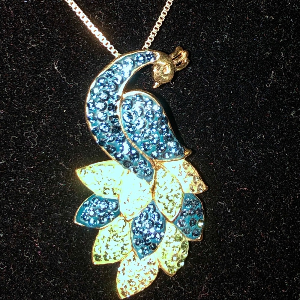 14k gold over Crystal PeacockBird Pendant & Chain